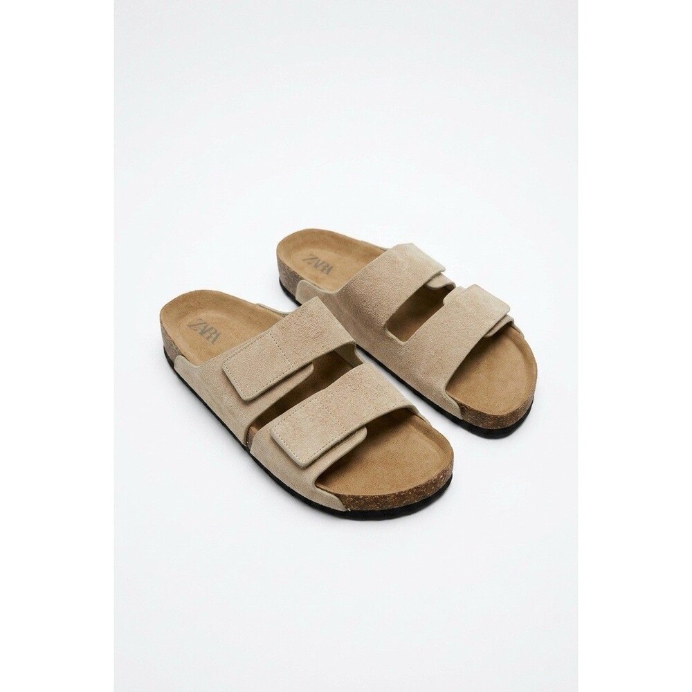 Zara Women Suede Double Strap Sandals Ice Beige Slides EUR 40 US 9 New